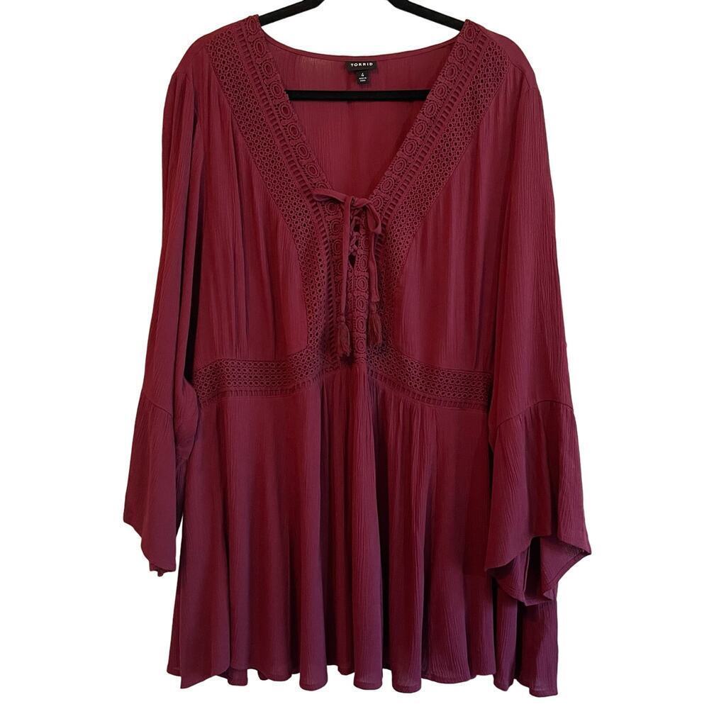 Torrid Peasant Blouse Babydoll Gauzy Lace Top 3/4 Bell Sleeve Women's 4X